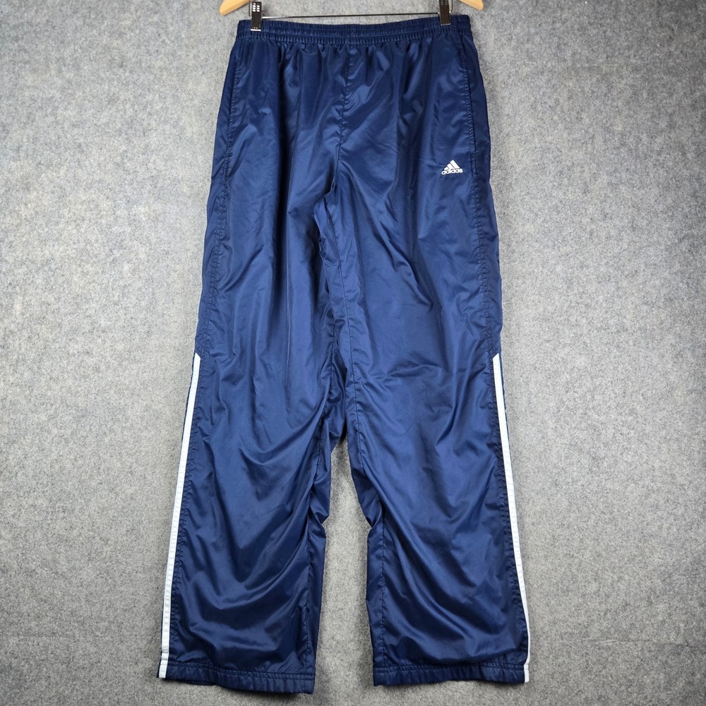 Adidas Track Pants Mens Medium Navy Blue 3 Stripe Logo Y2K Windbreaker Joggers